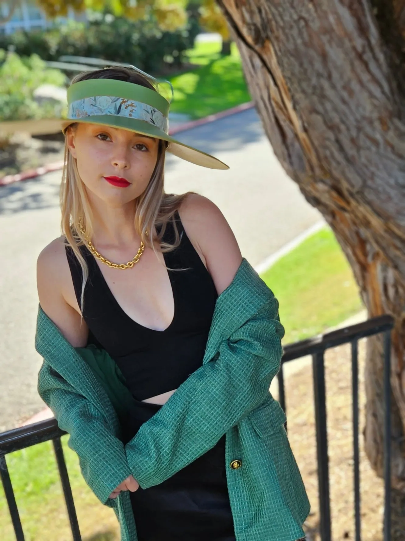 Green Lotus Visor Hat with White and Green Floral Band