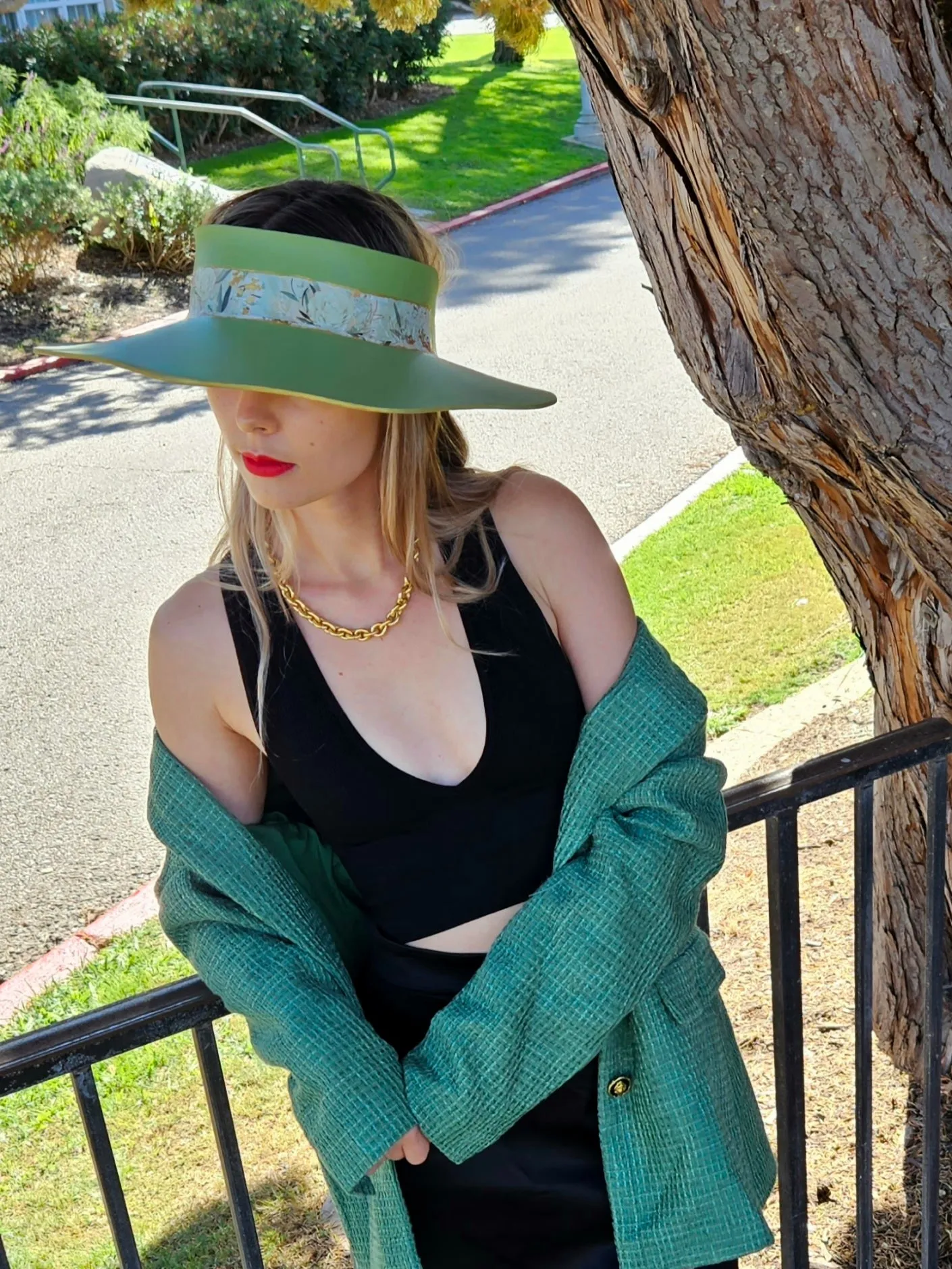 Green Lotus Visor Hat with White and Green Floral Band