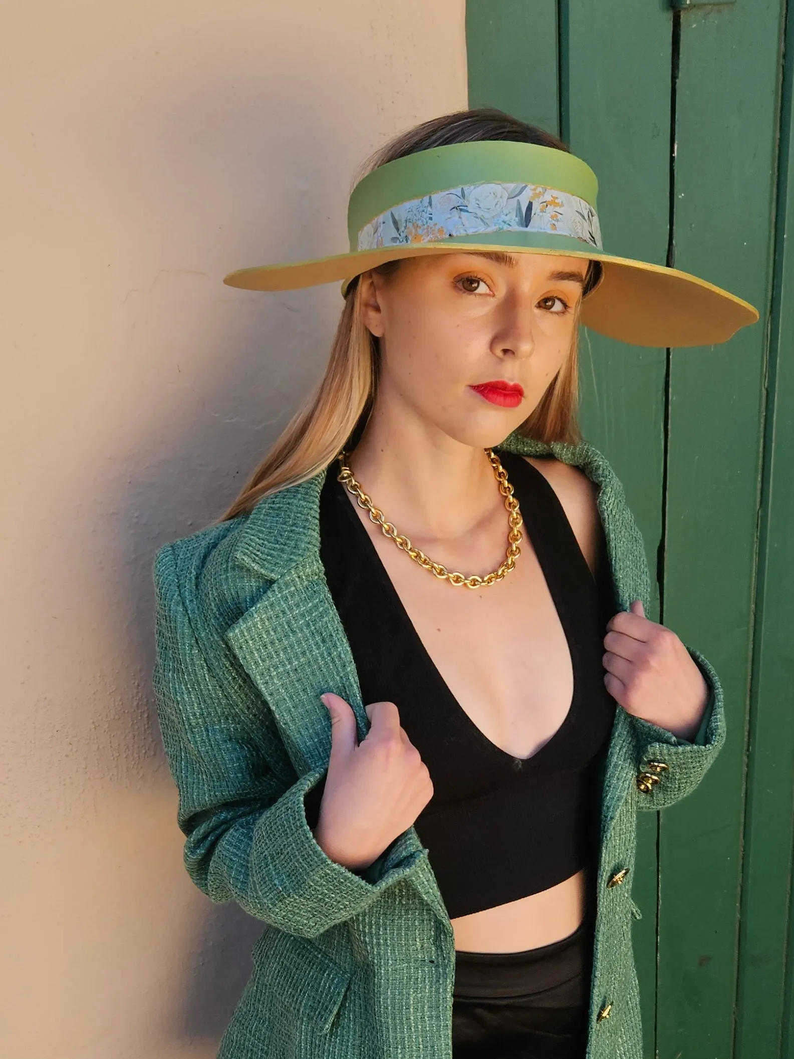 Green Lotus Visor Hat with White and Green Floral Band