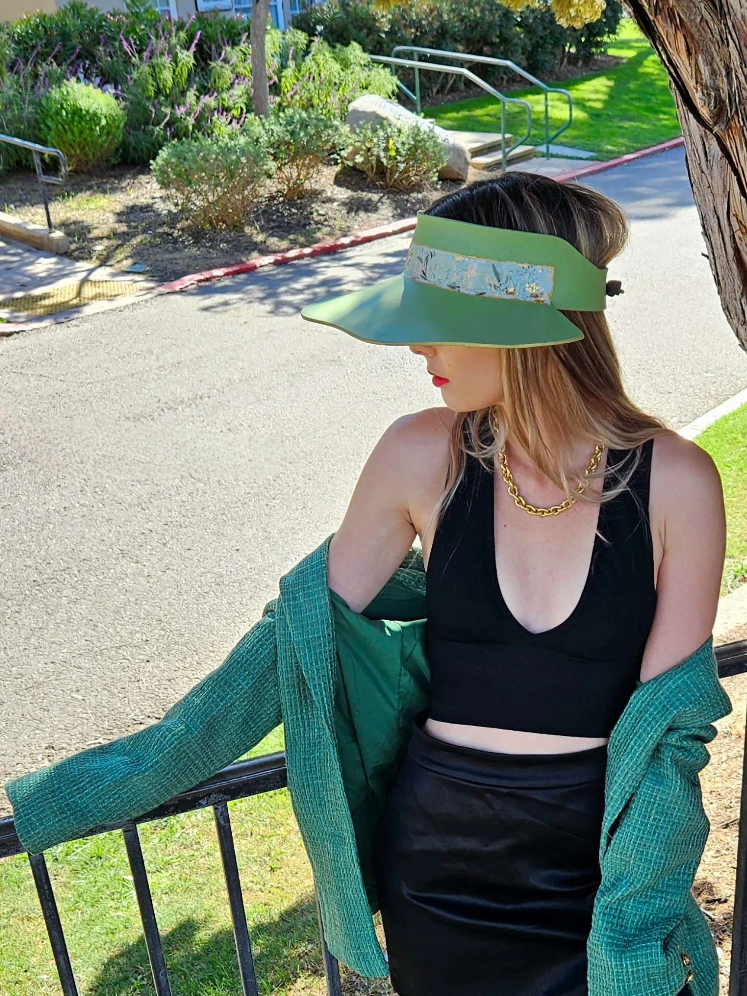 Green Lotus Visor Hat with White and Green Floral Band