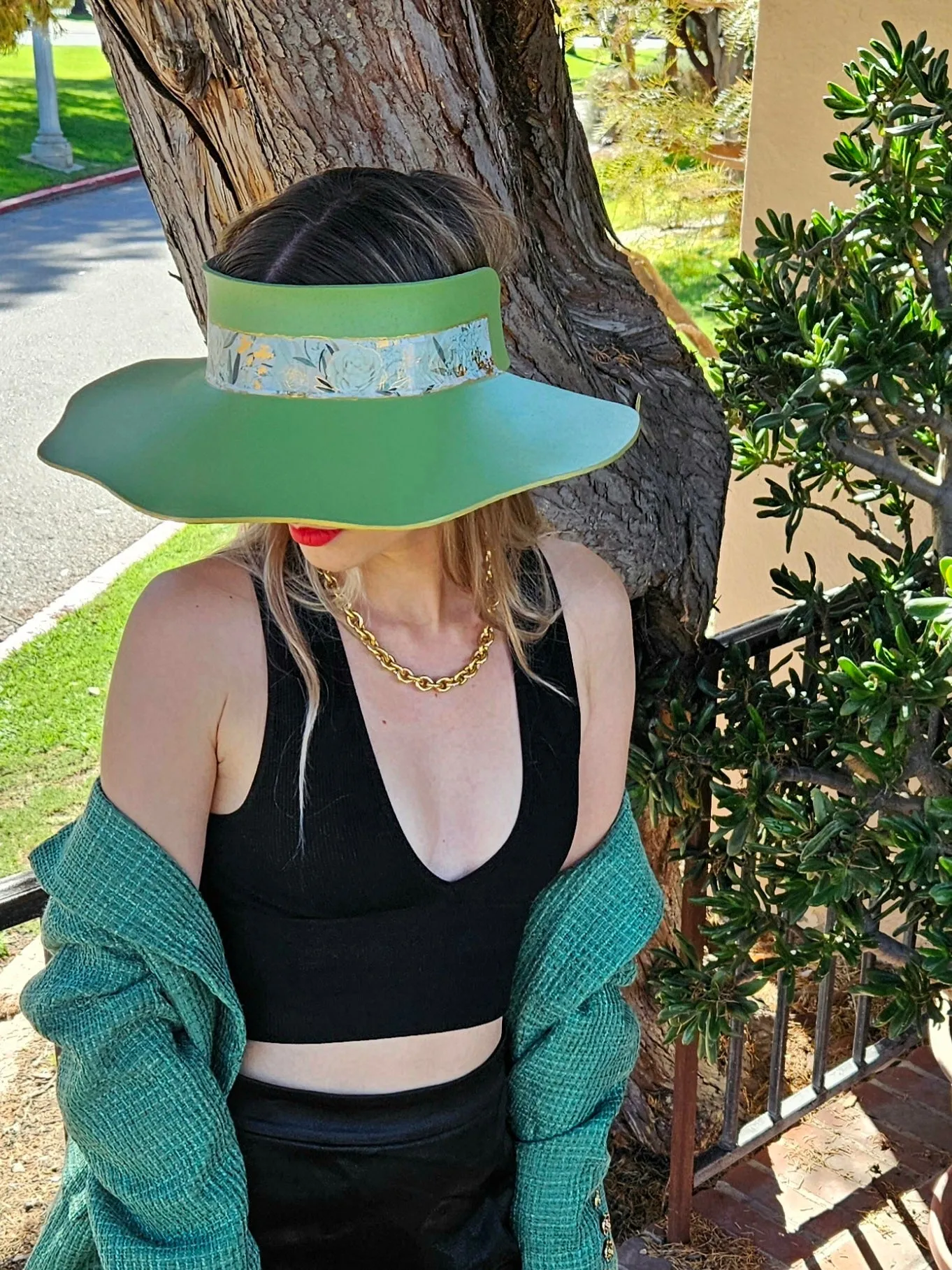 Green Lotus Visor Hat with White and Green Floral Band