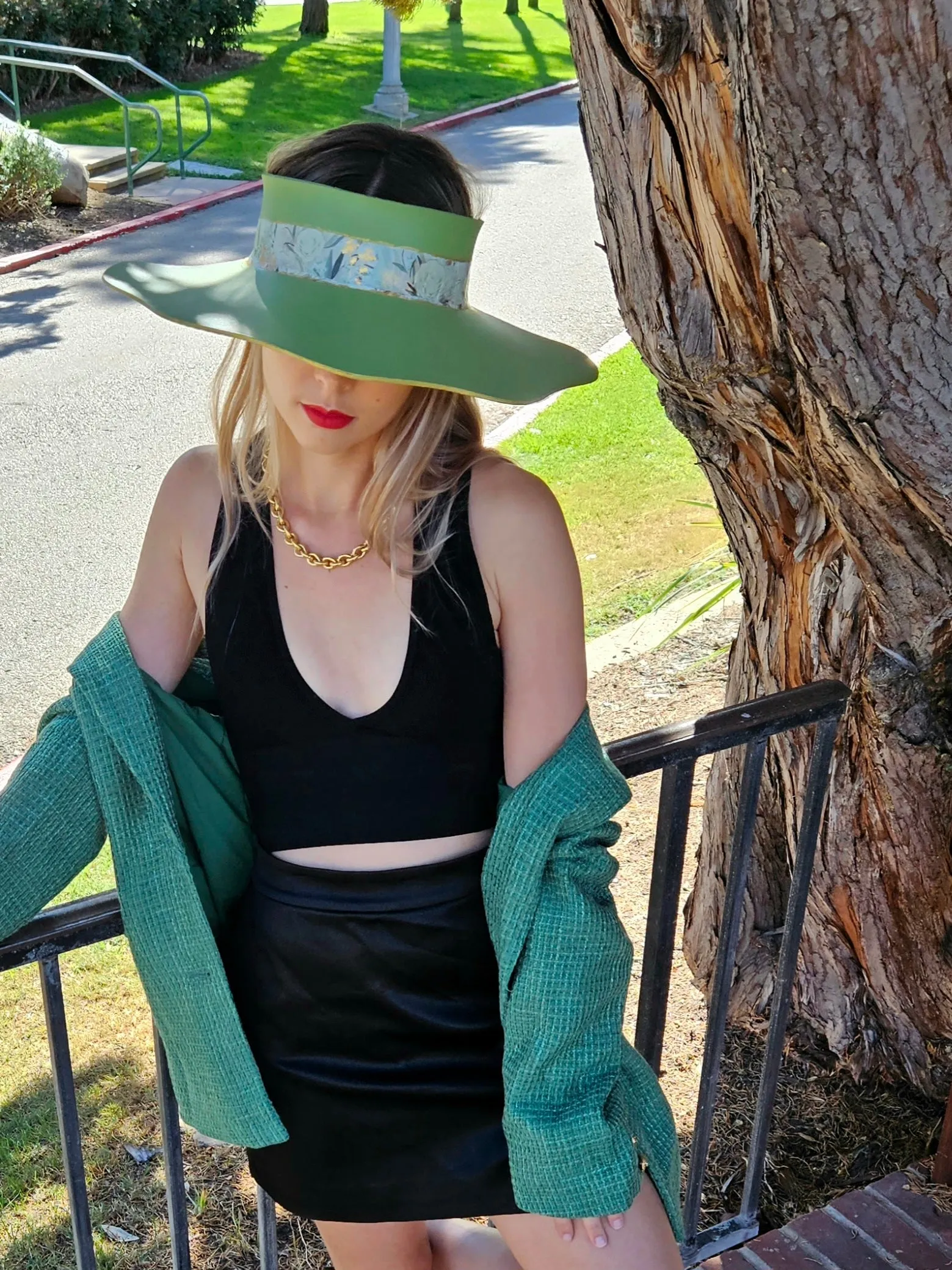 Green Lotus Visor Hat with White and Green Floral Band