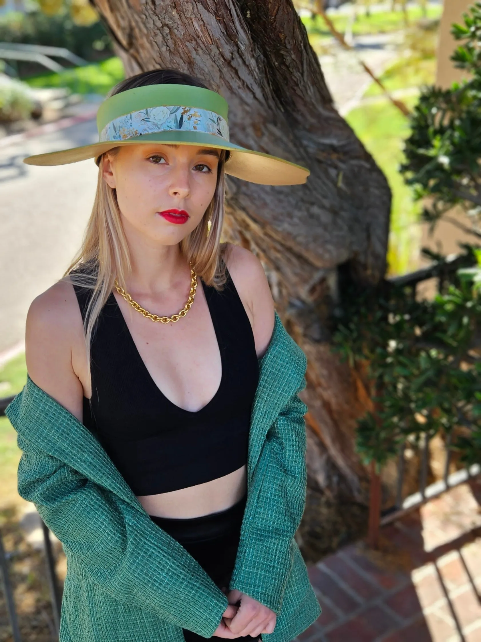 Green Lotus Visor Hat with White and Green Floral Band