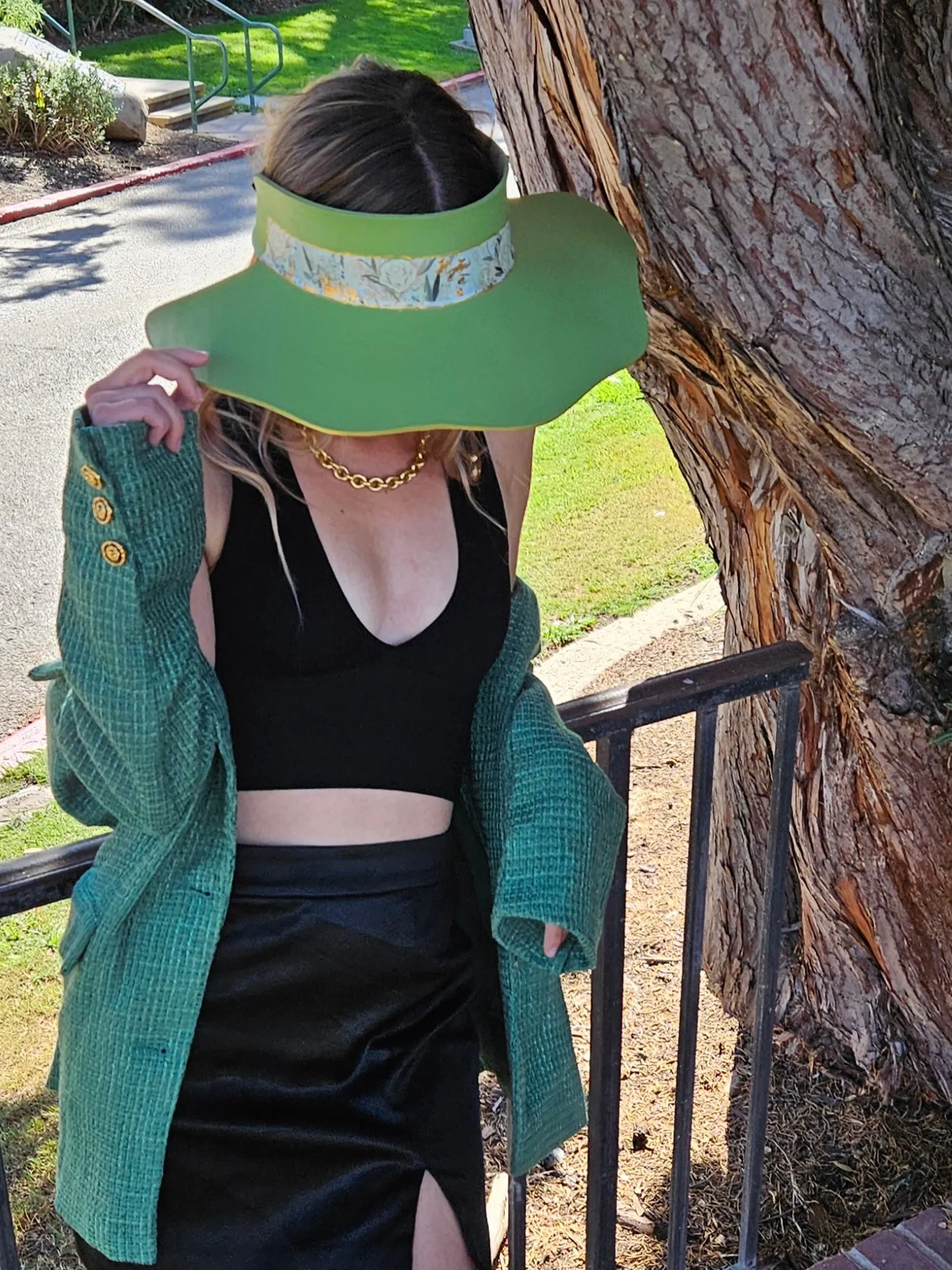 Green Lotus Visor Hat with White and Green Floral Band