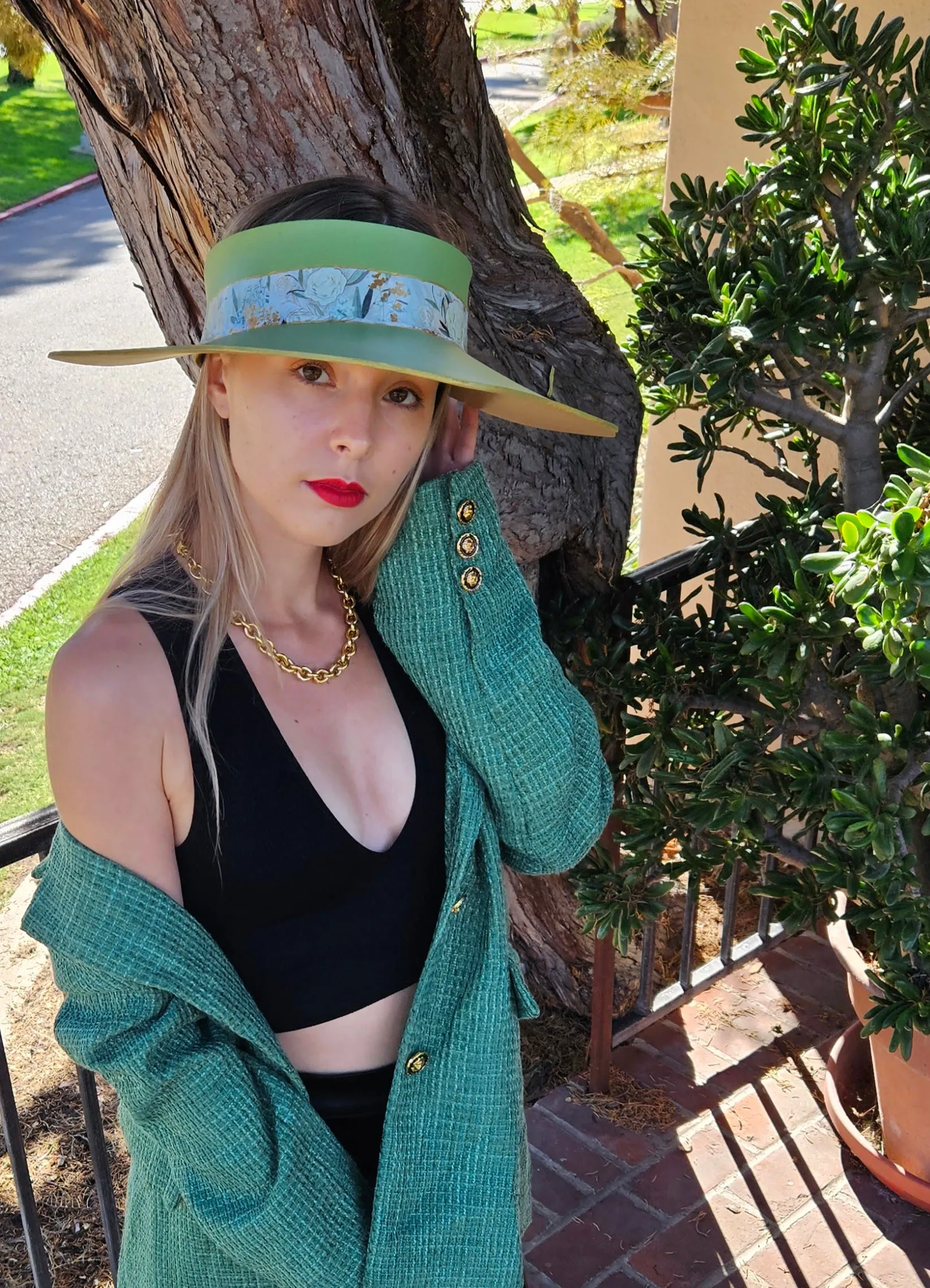 Green Lotus Visor Hat with White and Green Floral Band