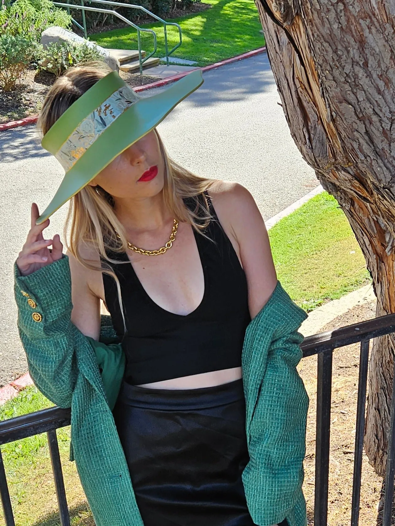 Green Lotus Visor Hat with White and Green Floral Band