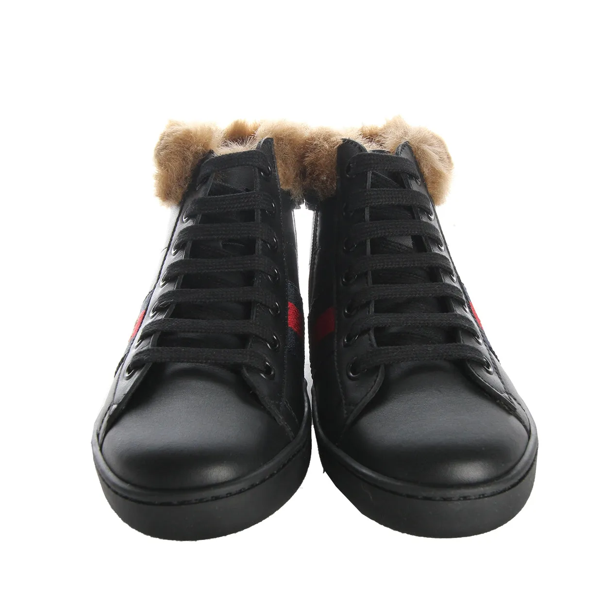 Gucci Kids Fur Black Leather High Top Trainers