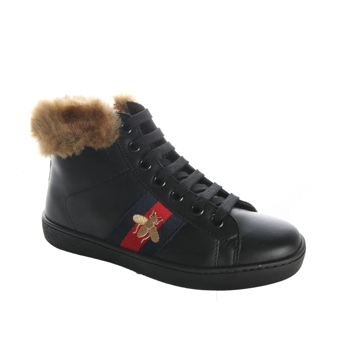 Gucci Kids Fur Black Leather High Top Trainers