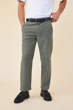 HERRINGBONE WOOL TROUSER - OLIVE