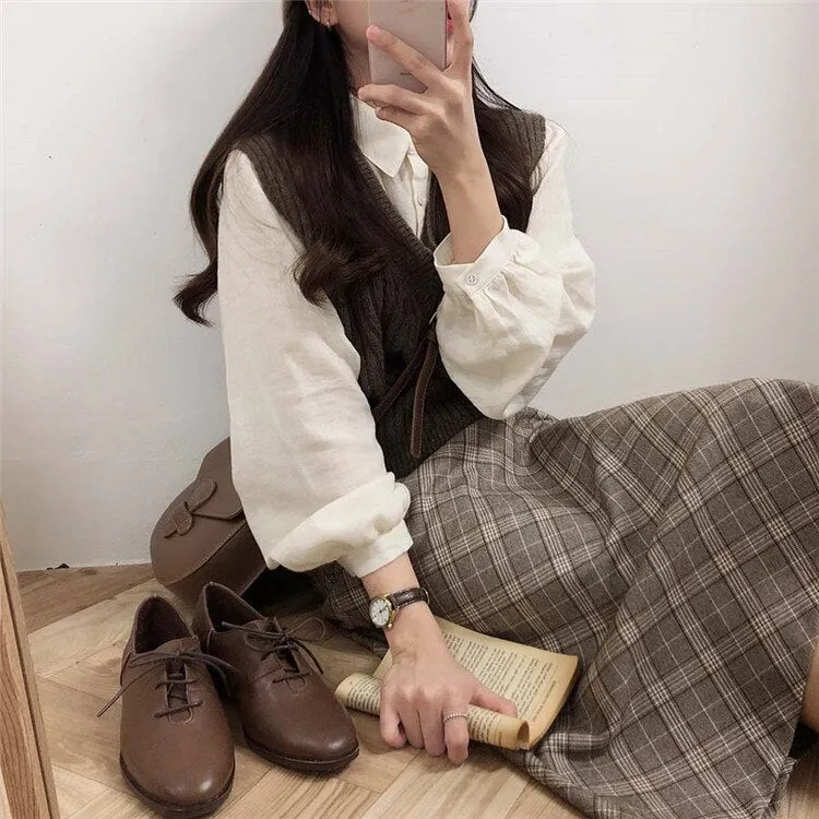 Joskaa New 2024 Spring Women Fashionable Casual Lady Korean Style Empire Vintage Plaid High Waist Female Wild A-line Long Skirt