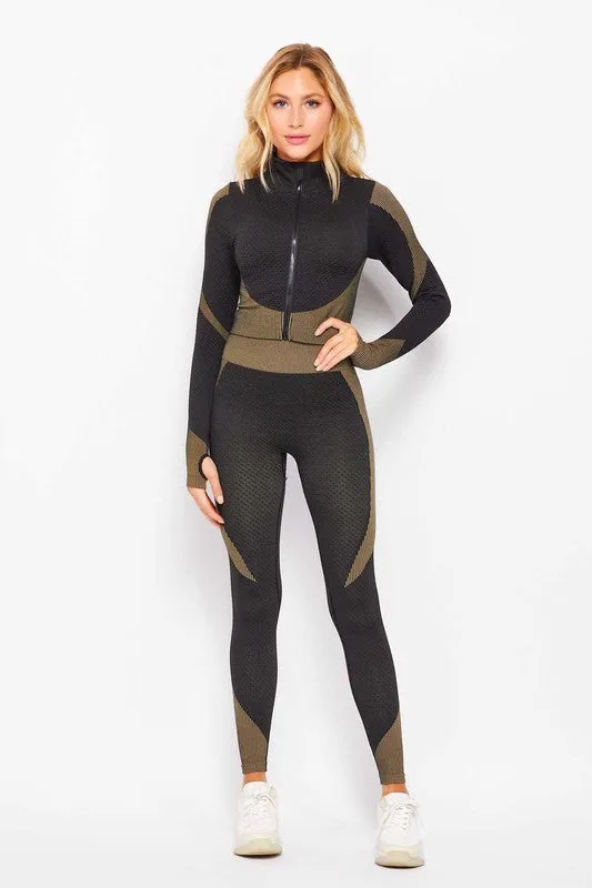 Khaki Honey Comb Active Cropped Jacket Leggings Set