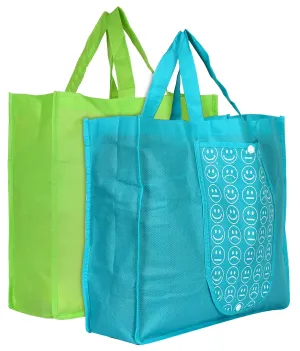 Kuber Industries Foldable Reusable Smiley Printed Shopping Bag with One Small Pocket (Set of 2,Green & Blue) (HS_36_KUBMART018760)