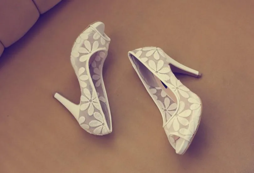 Lace Fish Toe White High Heels Wedding Bridal Shoes, SY0121