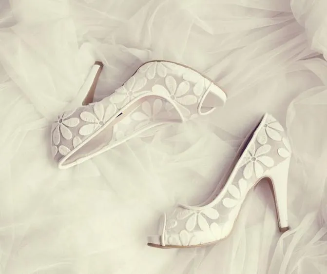 Lace Fish Toe White High Heels Wedding Bridal Shoes, SY0121