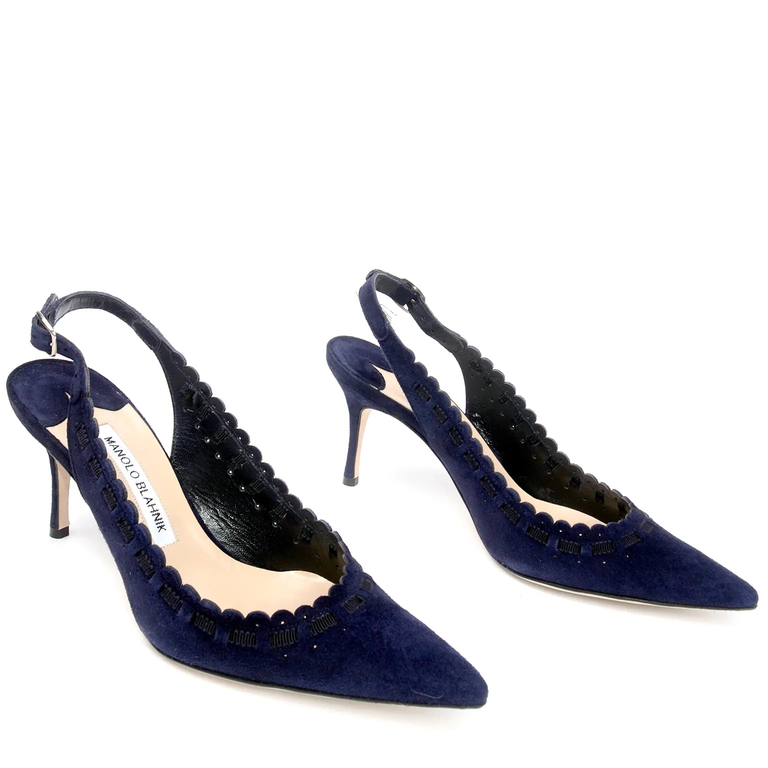 Manolo Blahnik Blue Suede Scalloped Slingback Shoes