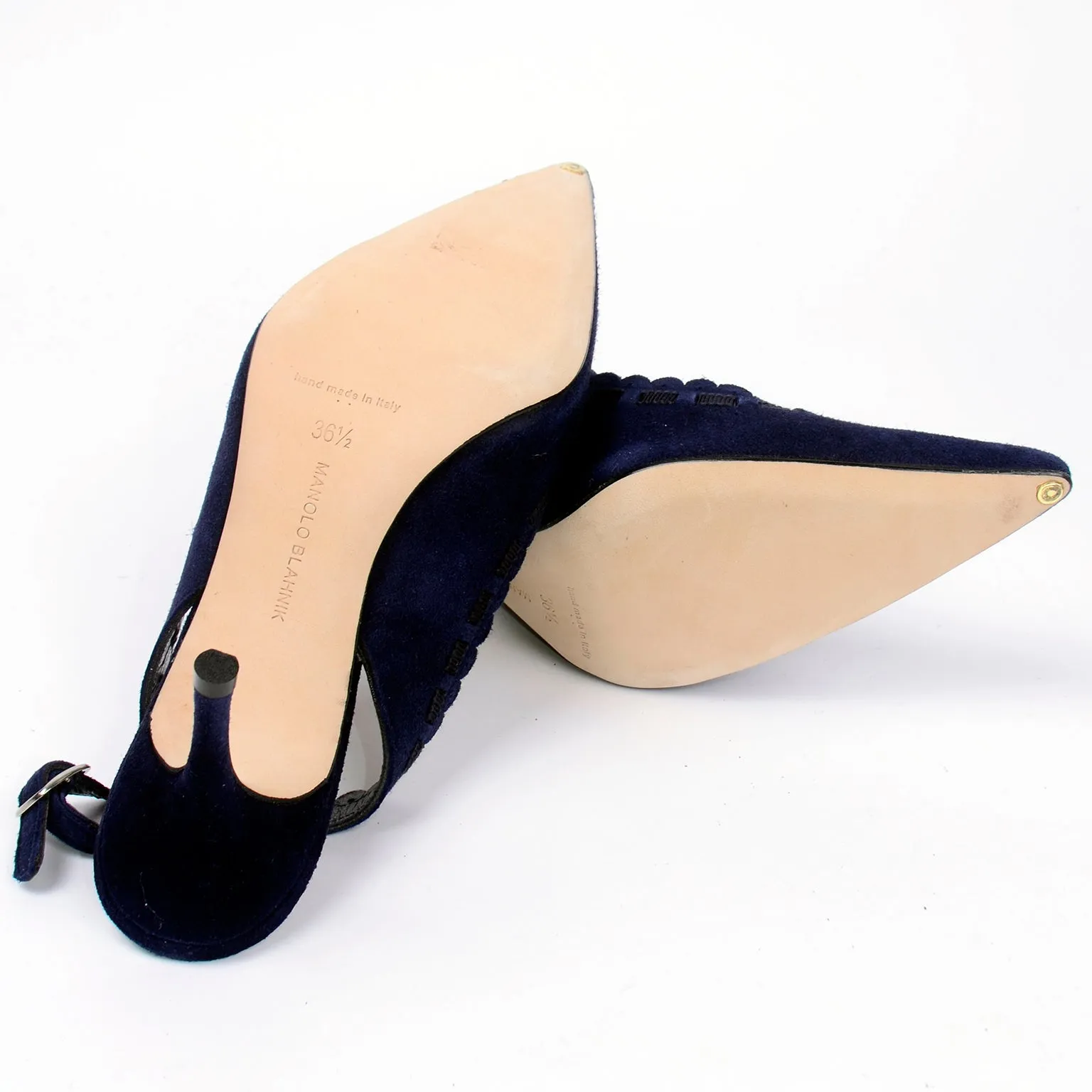 Manolo Blahnik Blue Suede Scalloped Slingback Shoes