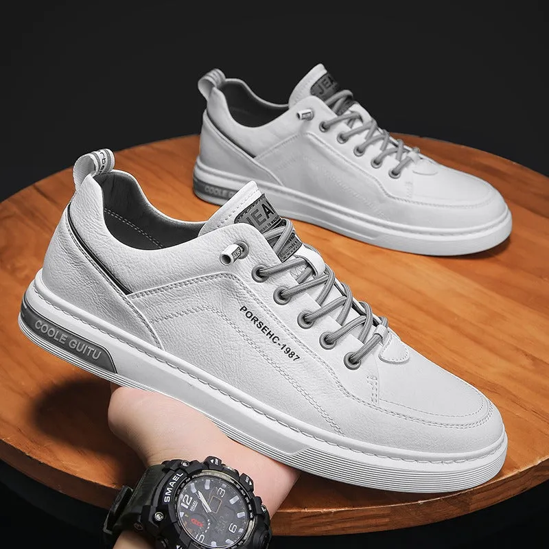 Men's Casual Leather Shoes | Versatile Thick-Soled Sports Sneakers | White Elastic Band Sneakers