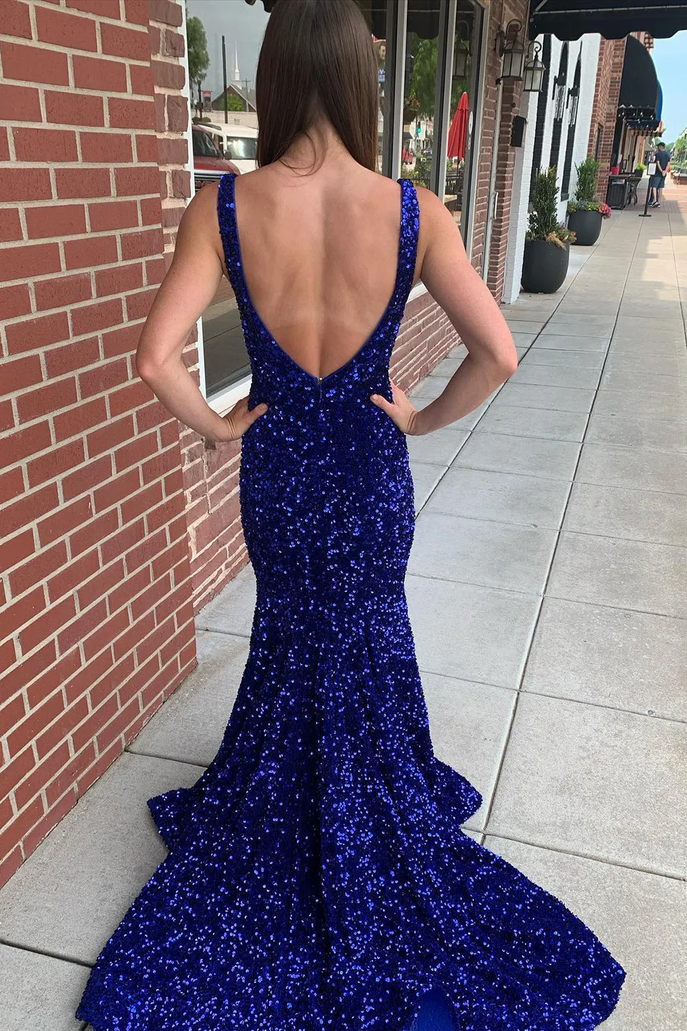 Mermaid Royal Blue V-Neck Sequins Long Prom Dress Maxi Dresses Fall