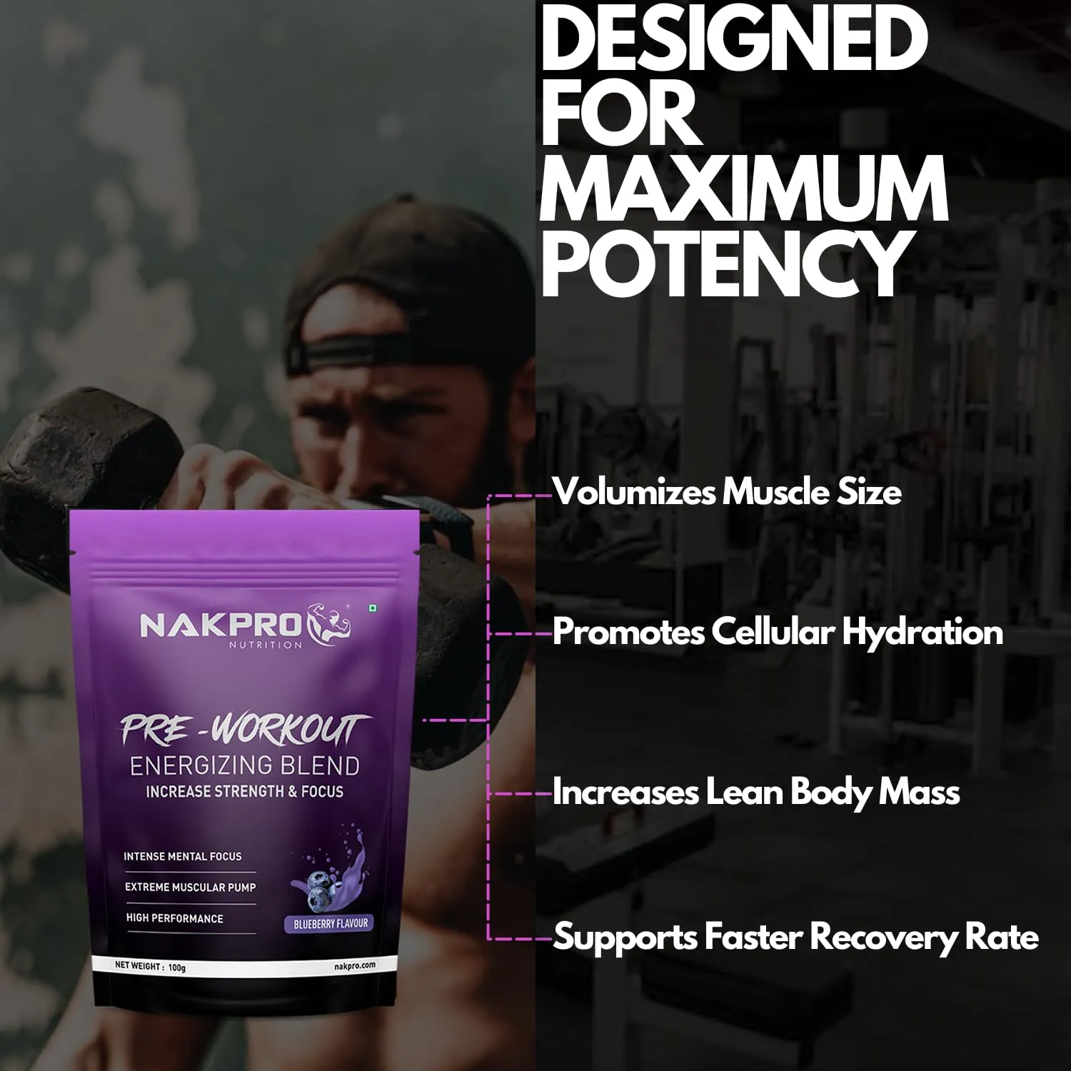 Nakpro Pre Workout Supplement (Blueberry, 100g Powder) with 100mg Caffeine, 1200mg Creatine Monohydrate and 1200mg Citrulline|Helps in Lean Muscle Building, Improves Workout Performance - 20 Servings