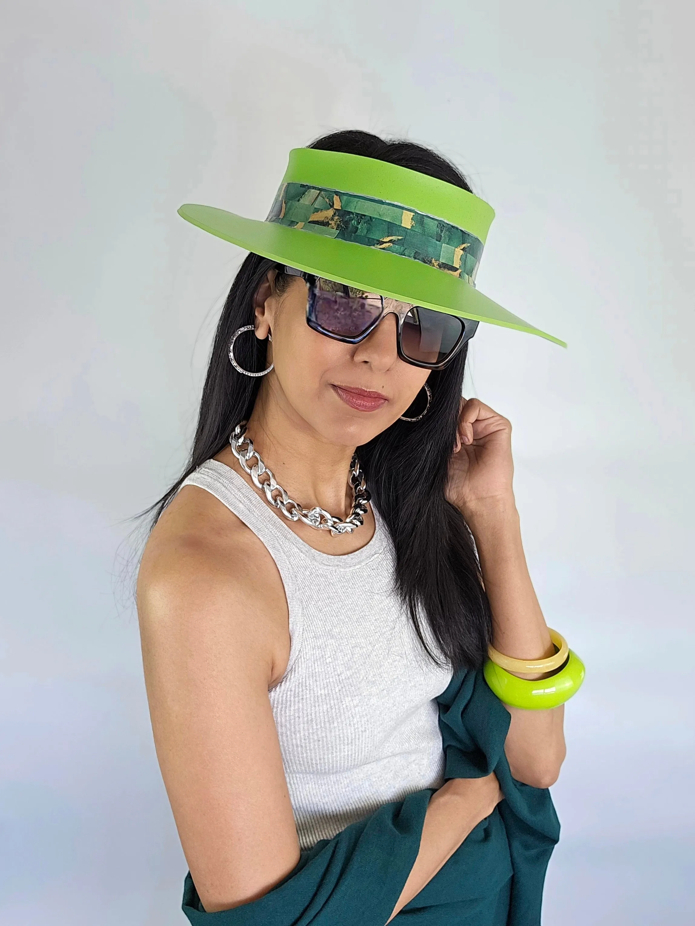 Neon Green "LadyEVA" Visor Hat with Dark Green Marbled Band