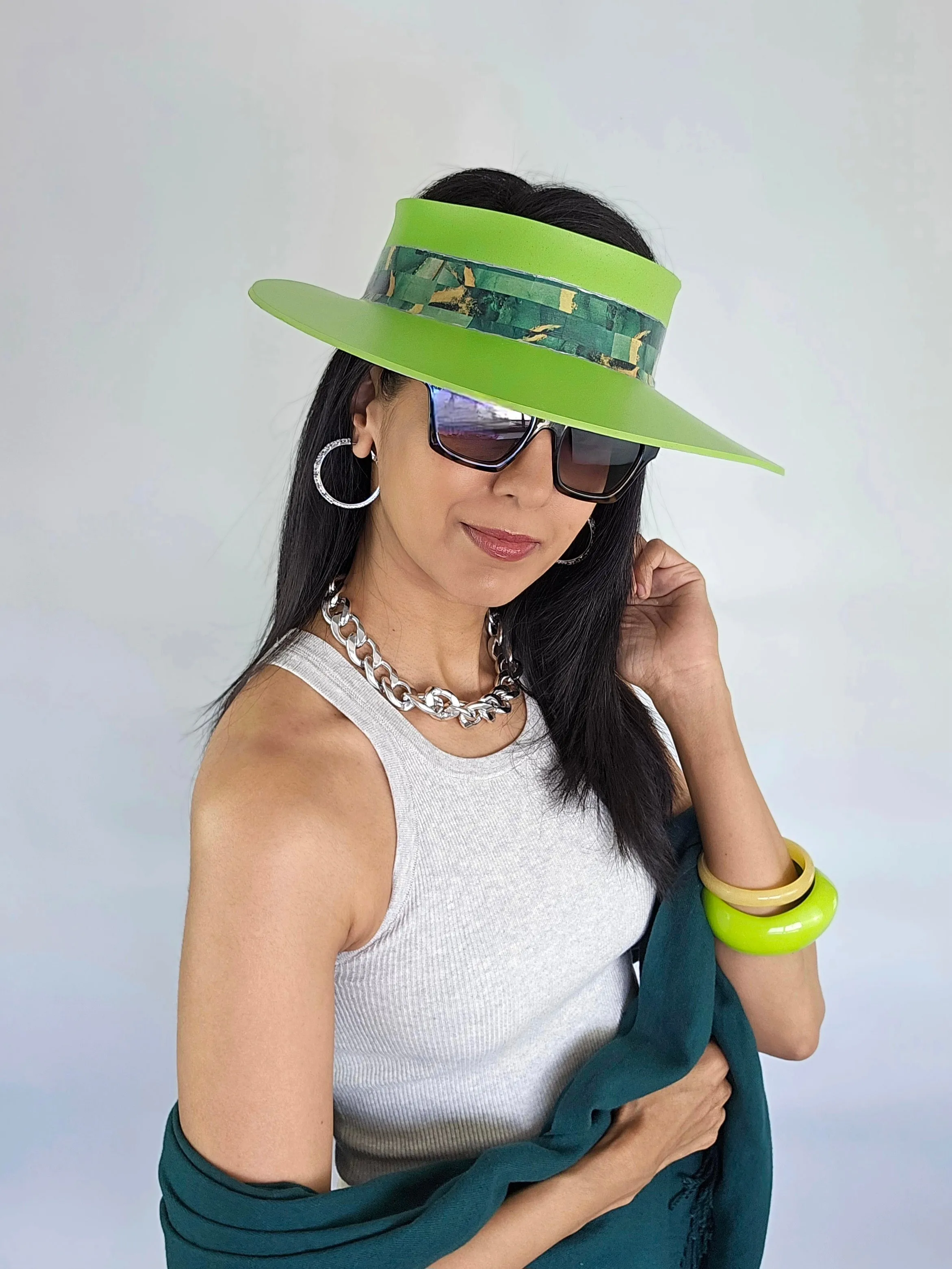 Neon Green "LadyEVA" Visor Hat with Dark Green Marbled Band