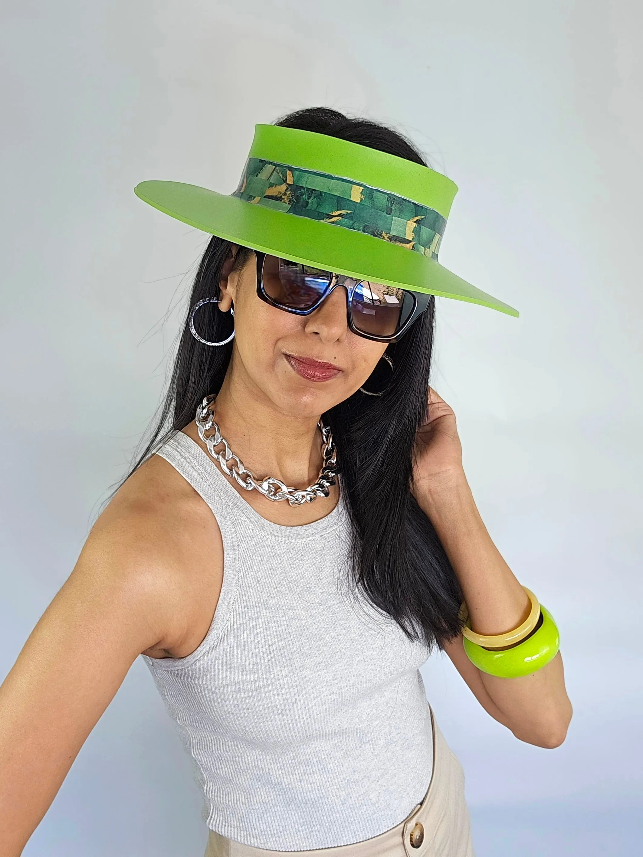 Neon Green "LadyEVA" Visor Hat with Dark Green Marbled Band