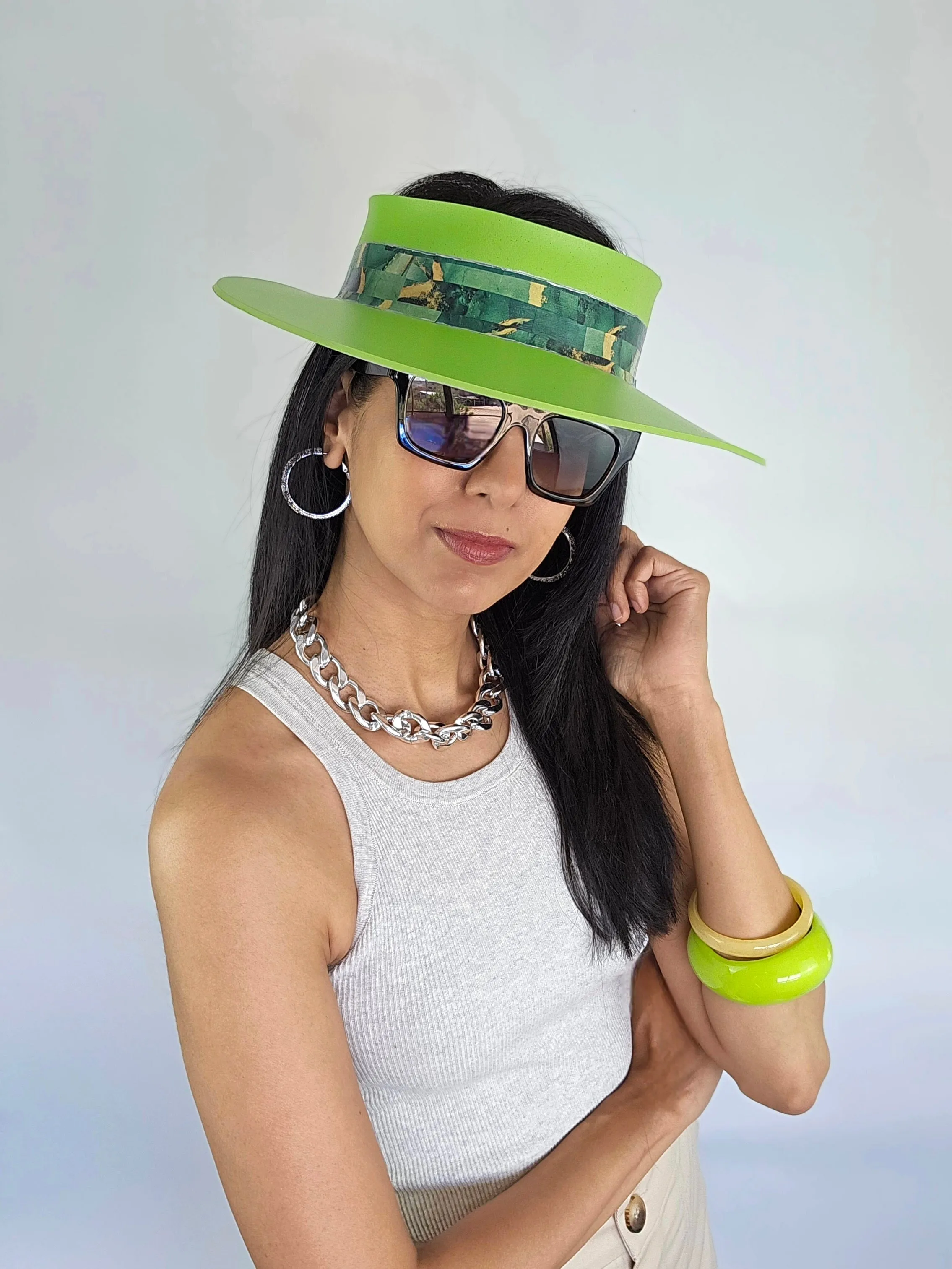 Neon Green "LadyEVA" Visor Hat with Dark Green Marbled Band