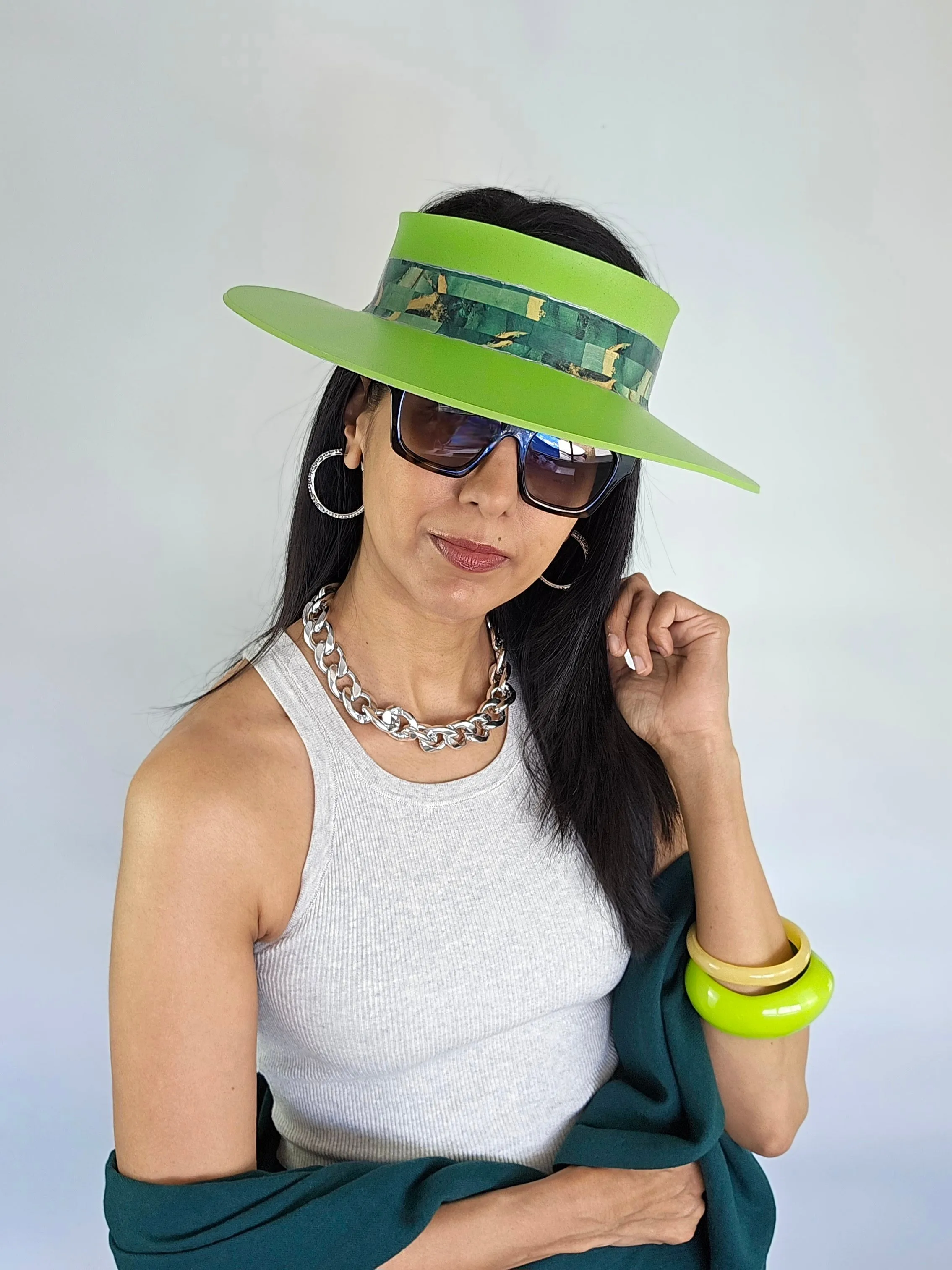 Neon Green "LadyEVA" Visor Hat with Dark Green Marbled Band