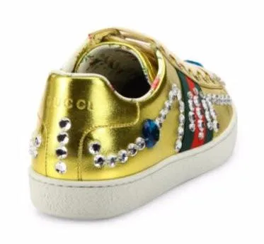 New Ace Jeweled Metallic Leather Sneakers, Gold