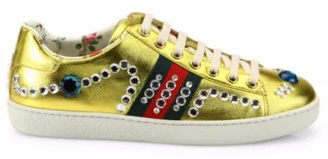 New Ace Jeweled Metallic Leather Sneakers, Gold