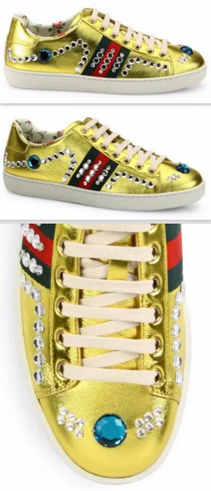 New Ace Jeweled Metallic Leather Sneakers, Gold