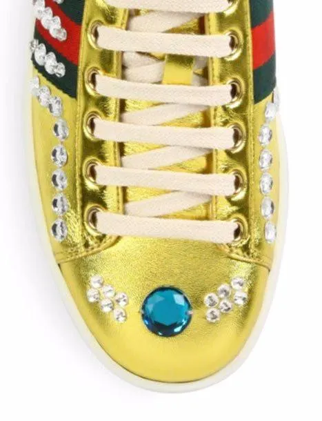 New Ace Jeweled Metallic Leather Sneakers, Gold