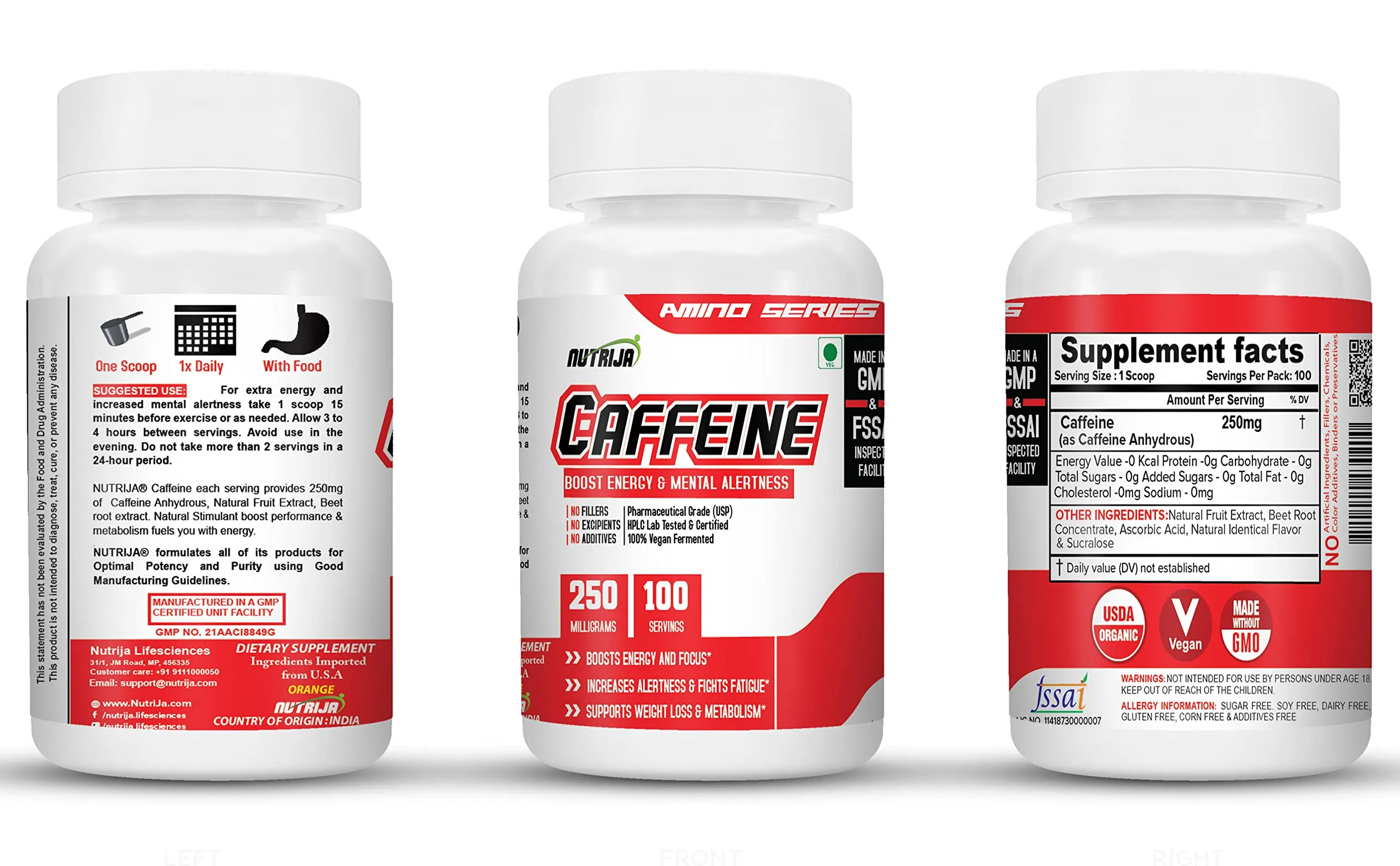 NutriJa Caffeine Powder Pre Workout Supplement - 100 Servings