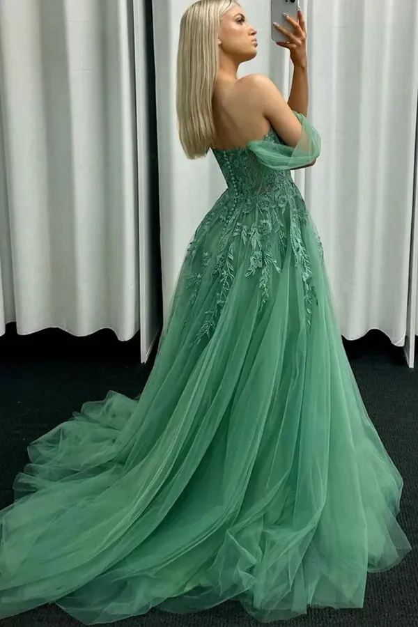 Off Shoulder Green Lace Long Prom Dresses Green Formal Gown PSK549