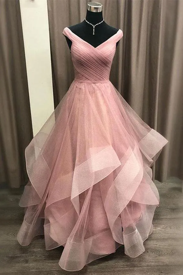 Off the Shoulder Tiered Champagne Prom/Formal Dress with Pleats PSK162