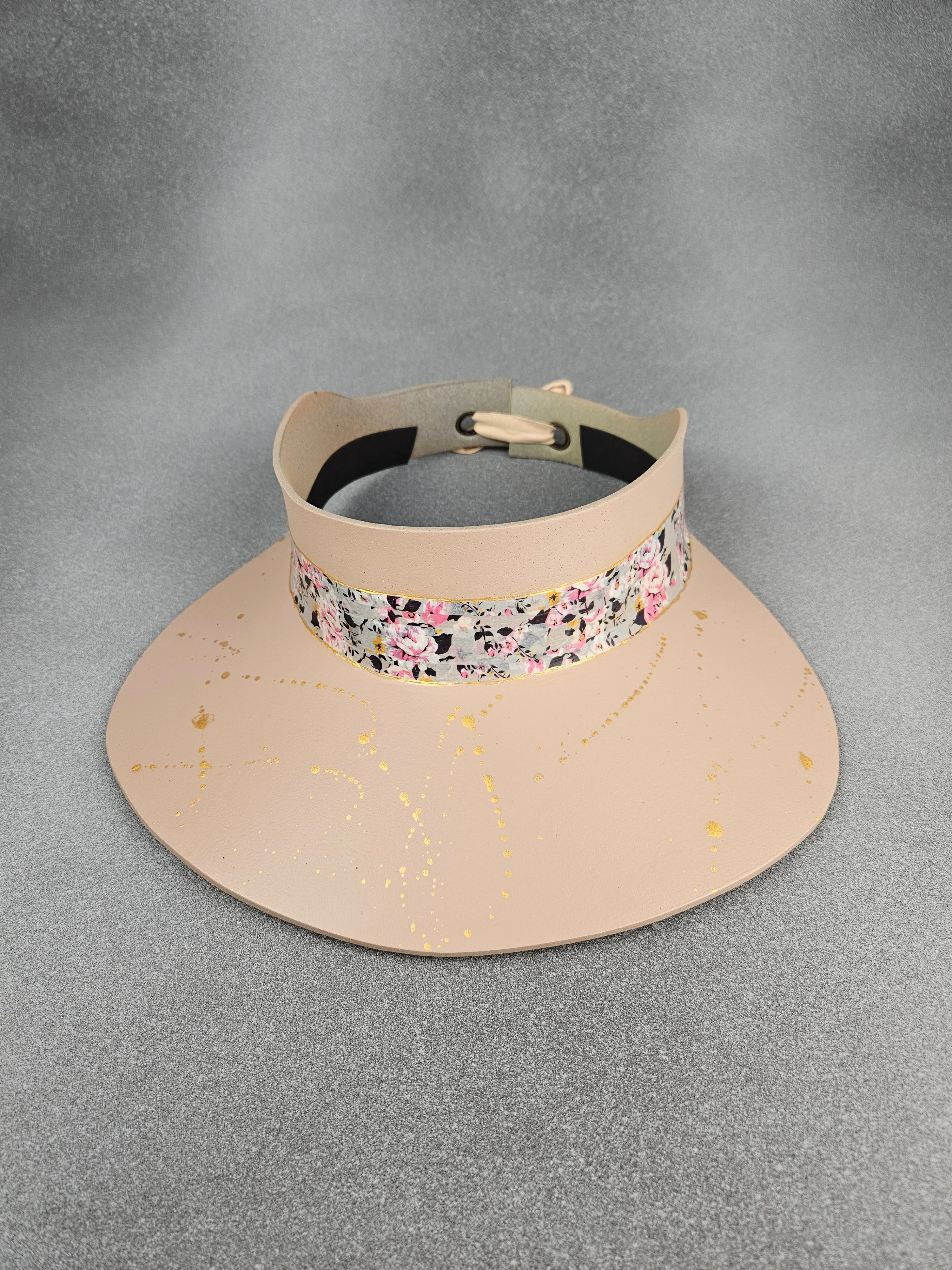 Peachy Beige "LadyEVA" Visor Hat with Gray and Pink Floral Band and Silver Paint Splatter Effect