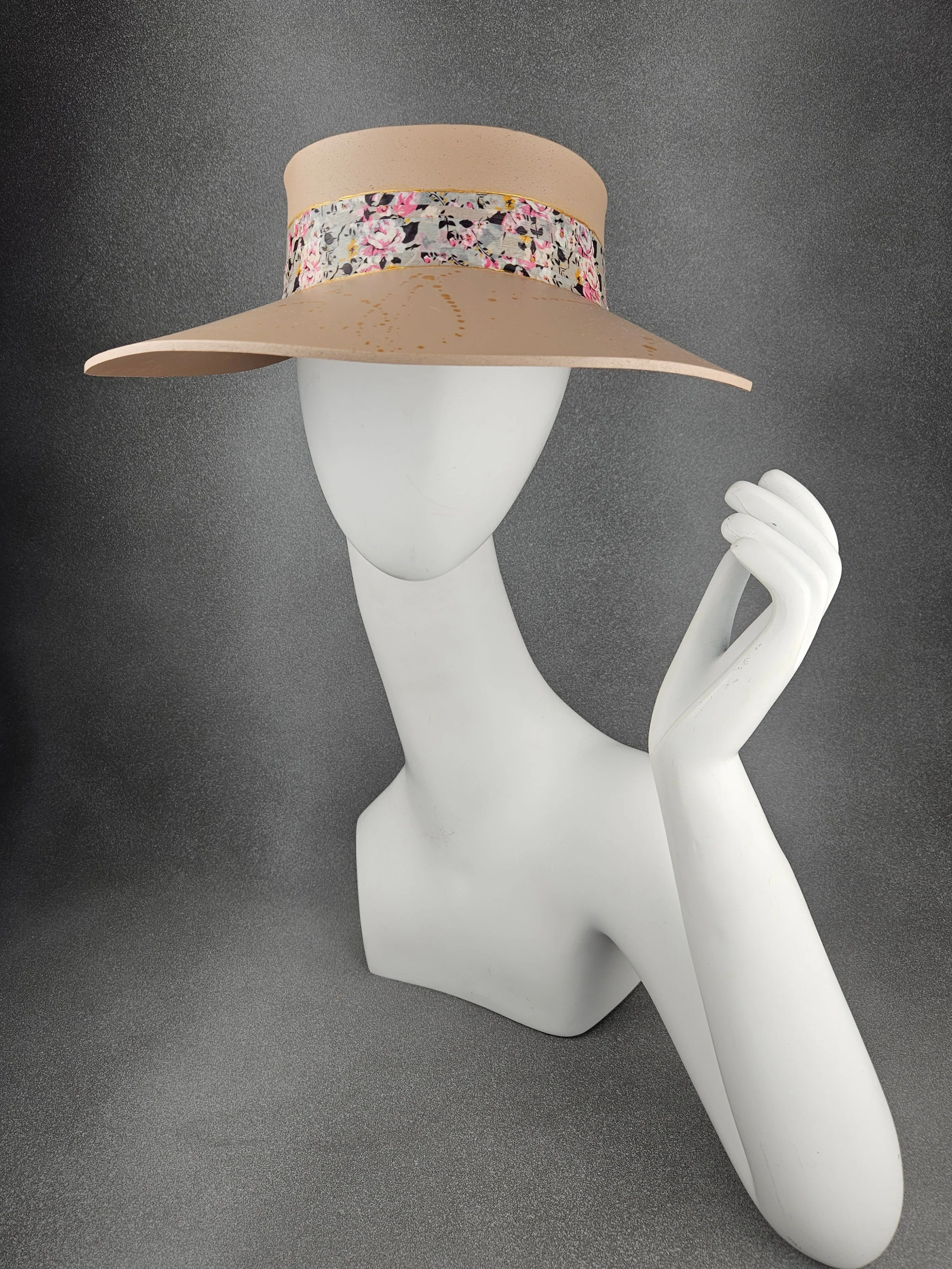 Peachy Beige "LadyEVA" Visor Hat with Gray and Pink Floral Band and Silver Paint Splatter Effect