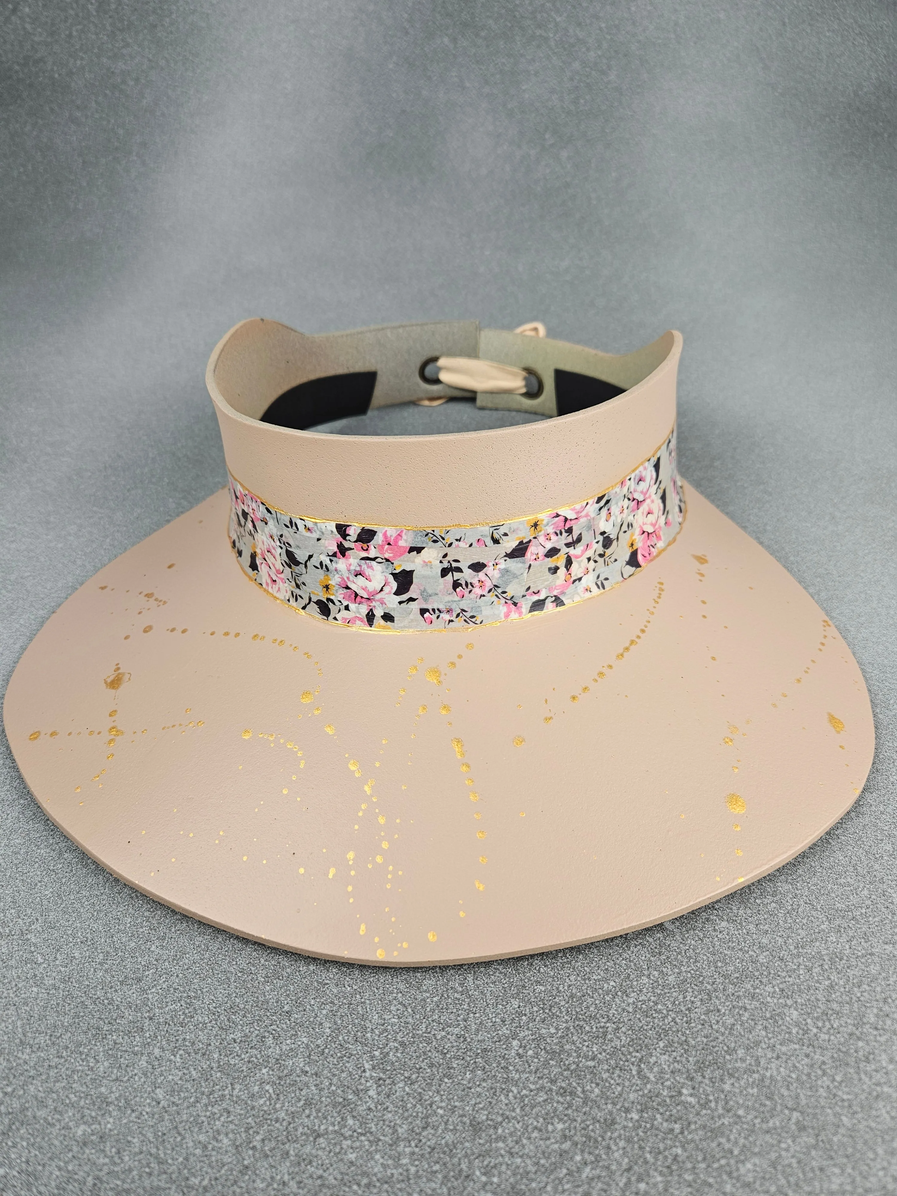 Peachy Beige "LadyEVA" Visor Hat with Gray and Pink Floral Band and Silver Paint Splatter Effect