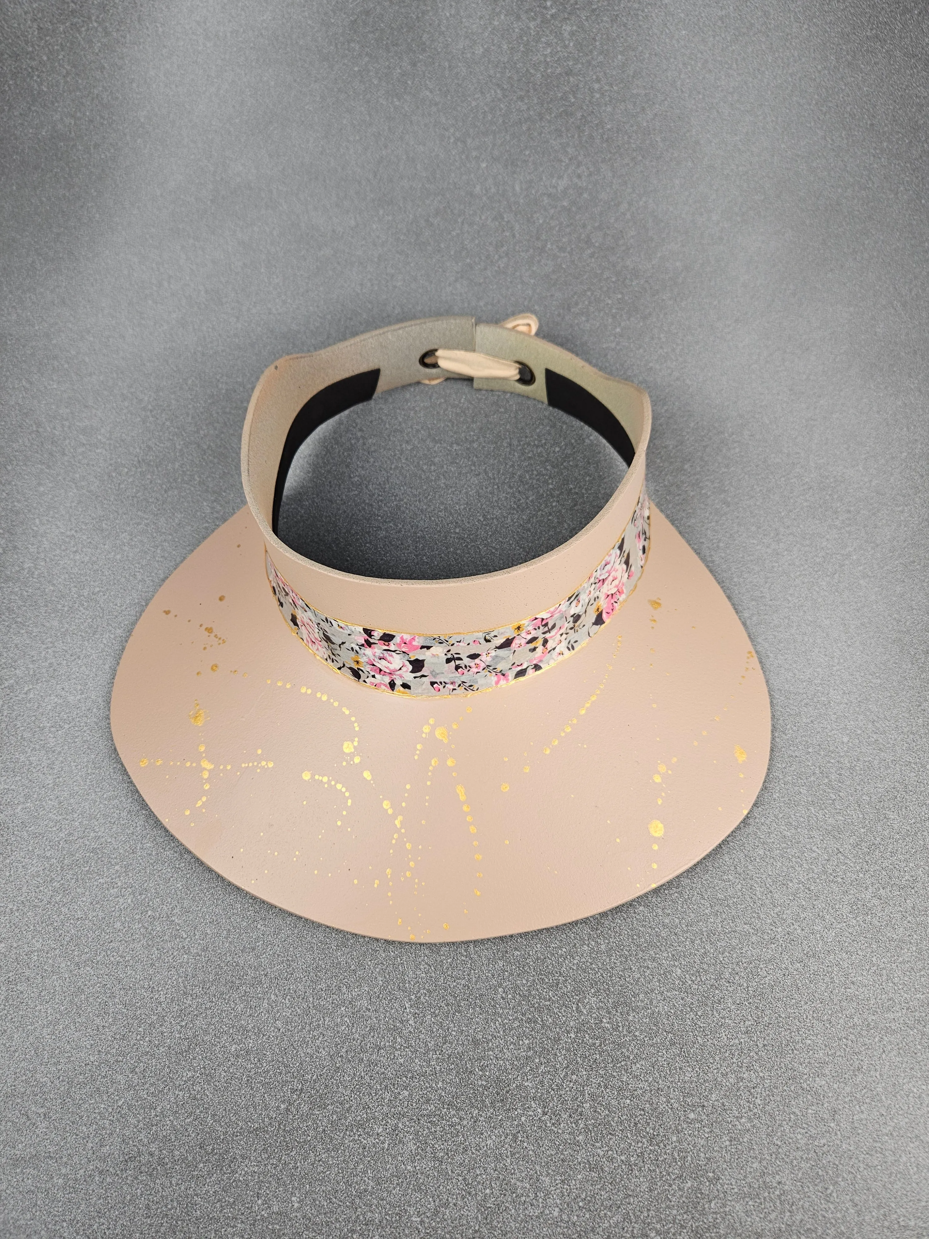 Peachy Beige "LadyEVA" Visor Hat with Gray and Pink Floral Band and Silver Paint Splatter Effect