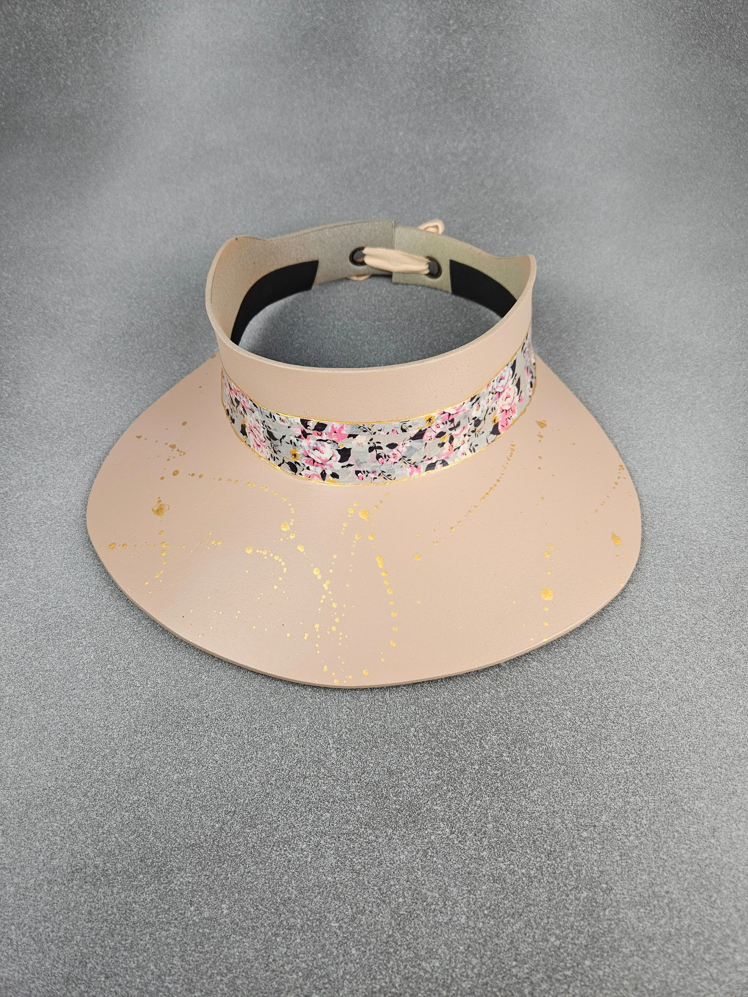 Peachy Beige "LadyEVA" Visor Hat with Gray and Pink Floral Band and Silver Paint Splatter Effect