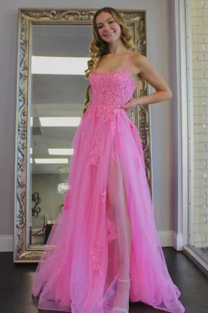 Pink Lace Long Prom Dresses,A-Line Backless Formal Evening Dress