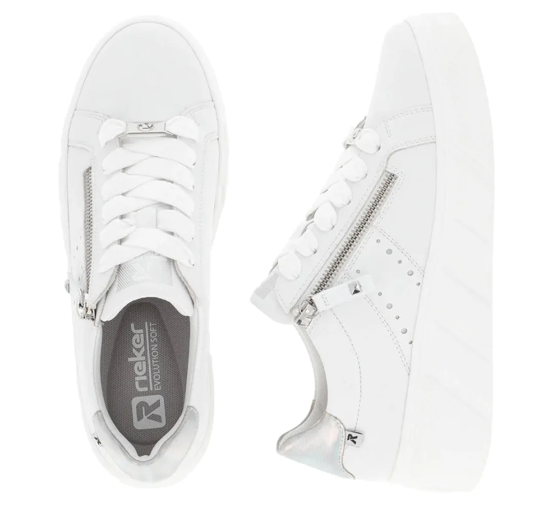 Rieker Evolution W0505-80 Rock White Leather Flatform Trainers