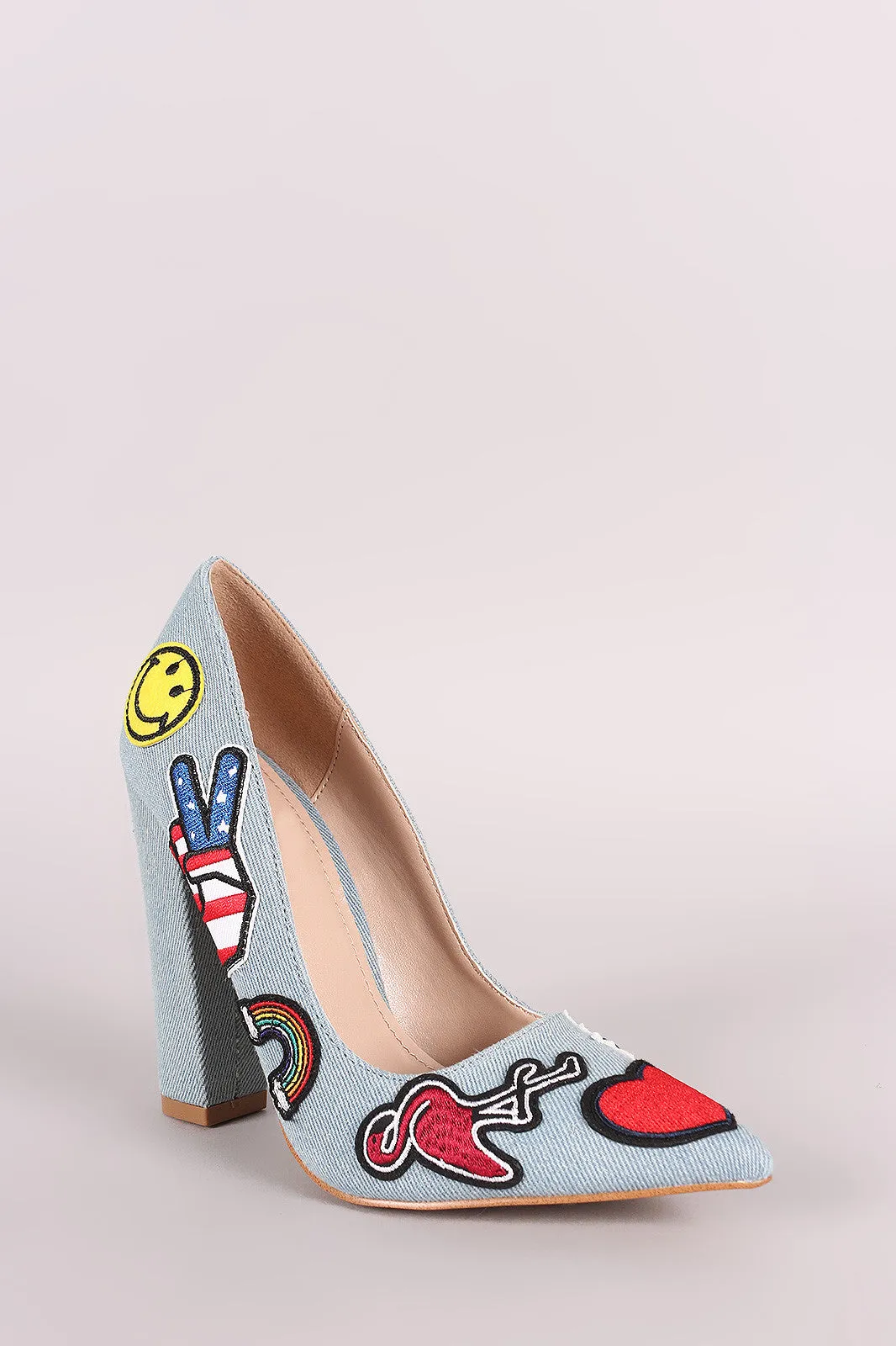 Shoe Republic LA Denim Patches Chunky Heeled Pump