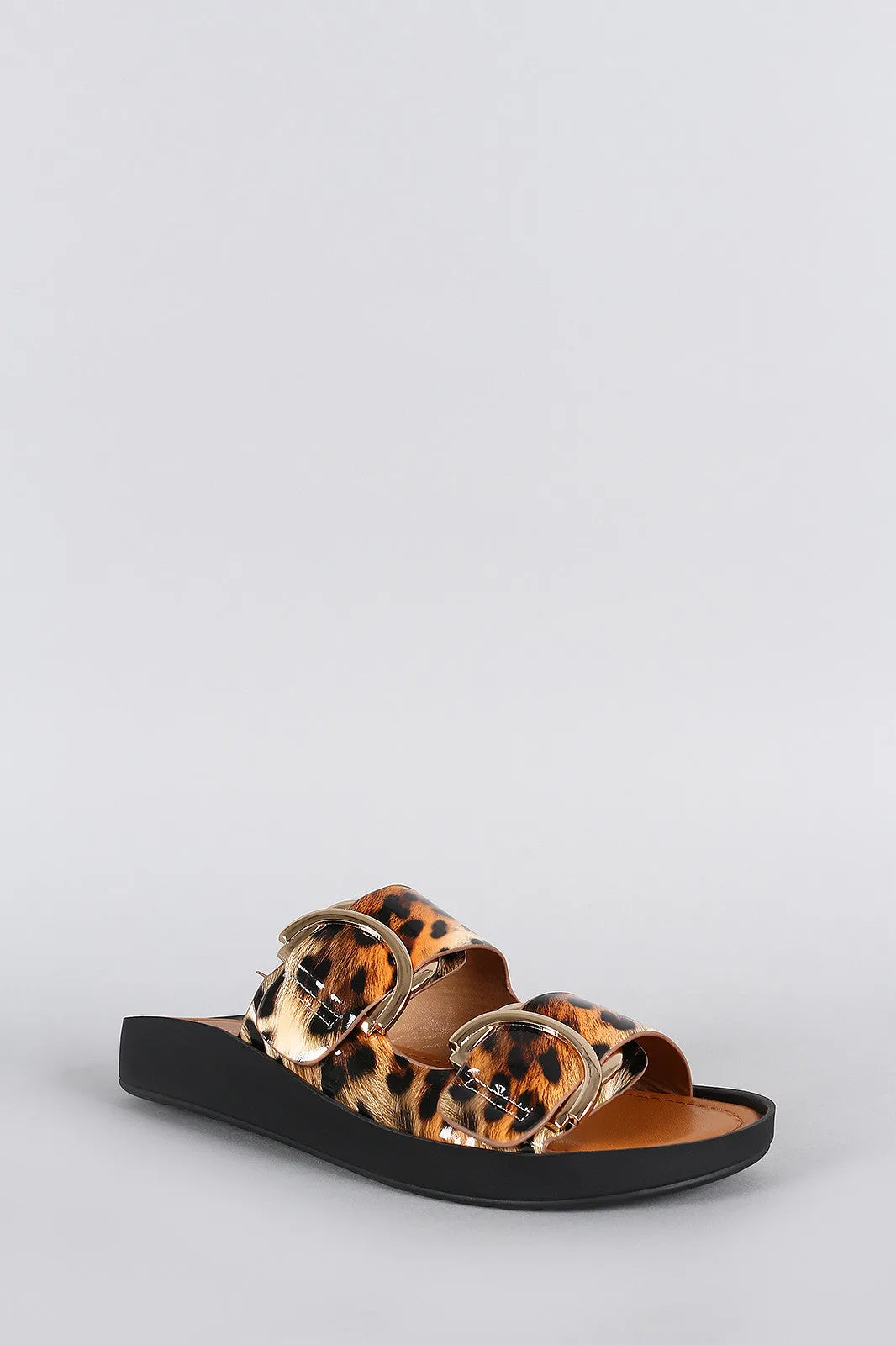 Shoe Republic LA Leopard Buckle Slip On Flat Sandal