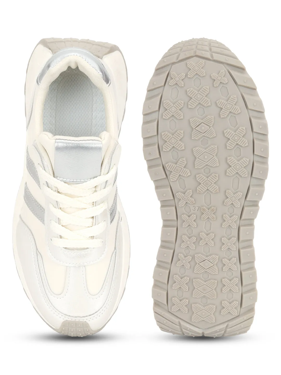 Silver White PU Stylish Lace-Up Sneakers (TC-RS3607-SILWHT)