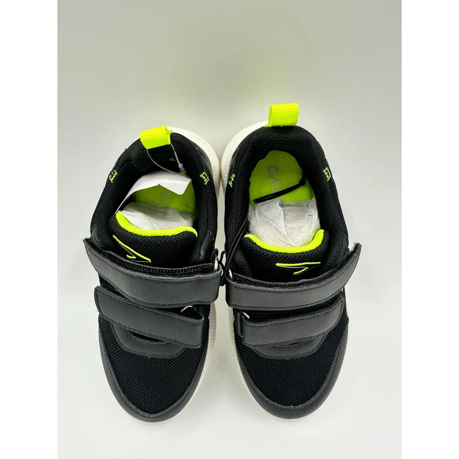 Small Kid Size 2 Black Sneakers, with Yellow Accents with White Sole and Straps