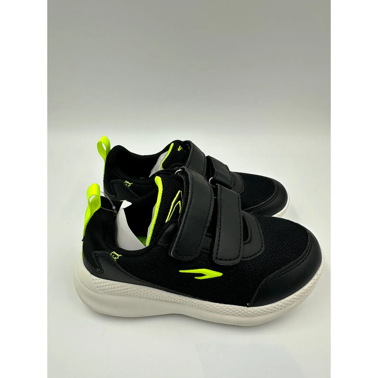 Small Kid Size 2 Black Sneakers, with Yellow Accents with White Sole and Straps