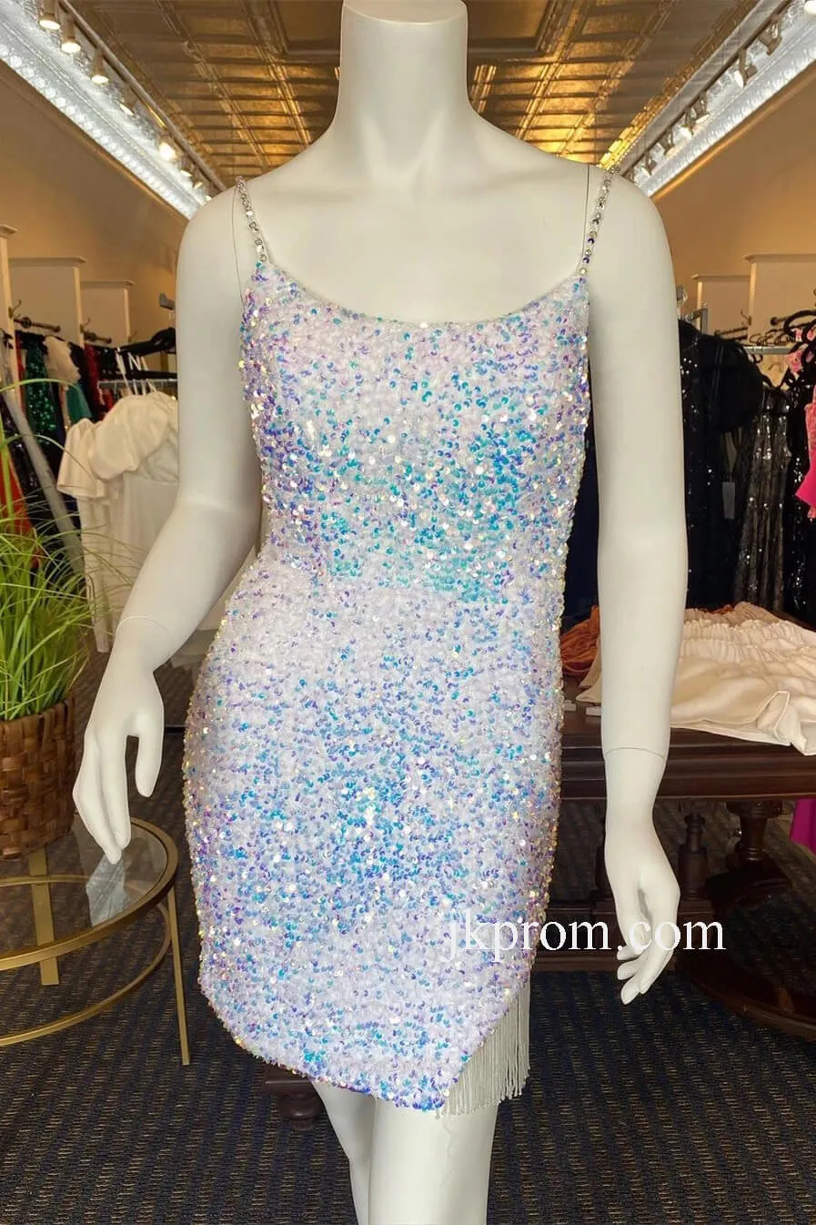 Sparkle White Sequin Beaded Straps Bodycon Mini Party Dresses,Cocktail Party Dress