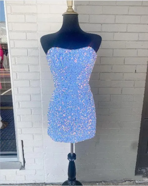 Sparkly Sequined Cocktail Dress,Short Sky Blue Black Hoco Dresses