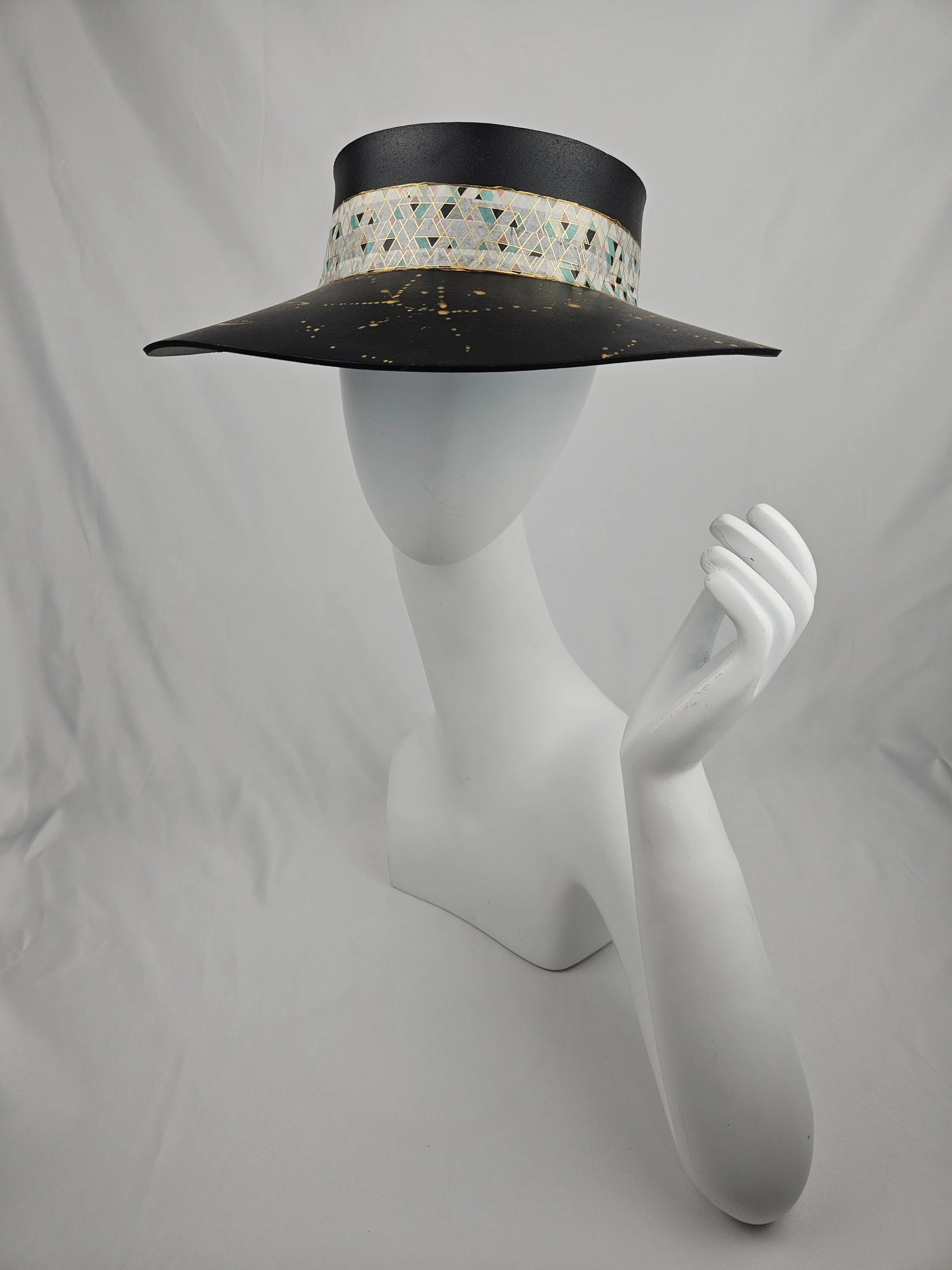 Tall Black "LadyEVA" Visor Hat with Geometric Band and Golden Paint Splatter